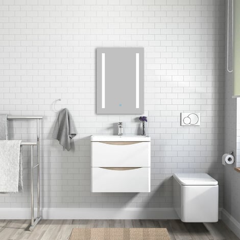 600mm Wall Hung Design Bathroom with Single Tap Hole Resin Basin Oak Body + 2 Matte White Drawers