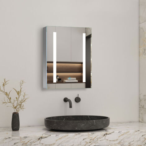 500x700mm Illuminated Bathroom Mirror Cabinet With Backlit LED Lights Concealed Demister Shaver Socket & Sensor Switch For Makeup Cosmetic Shaver Charging - Acezanble
