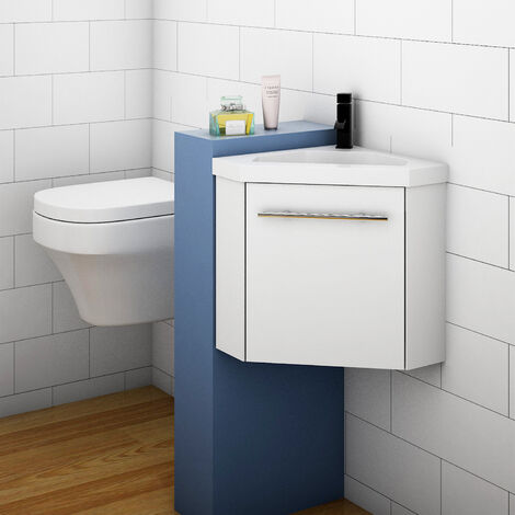 400mm Corner Cloakroom Vanity Unit with Basin Grey Wall Hung Soft Close Door 1 Tap Hole Sink Pre-assembled 