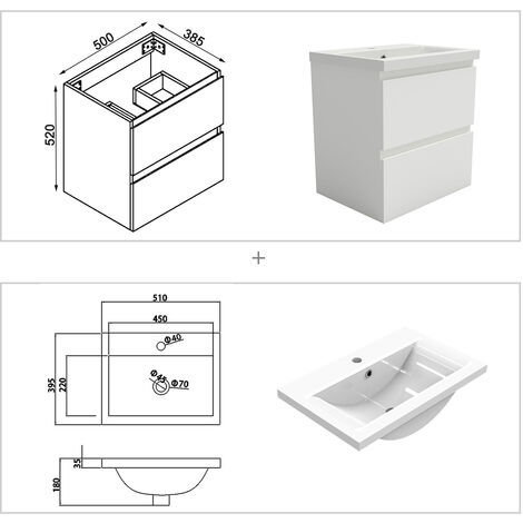 500mm Modern Storage Vanity Unit Resin Basin Wall Hung with 1 Tap Hole,2 Soft Closing Drawers Matte White Bathroom Furniture Flat Pack