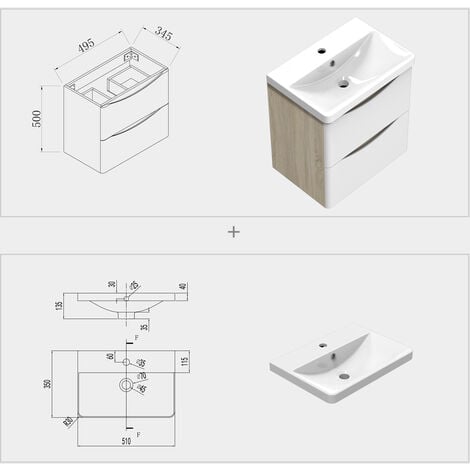 500mm Wall Hung Design Bathroom with Single Tap Hole Resin Basin Oak Body + 2 Matte White Drawers