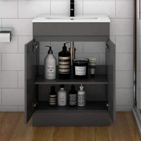 600mm Free Standing 2 Storge Doors Modern Bathroom Vanity Unit with Sink Basin,Matte Grey - Mid-edge Resin Basin