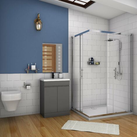 600mm Free Standing 2 Storge Doors Modern Bathroom Vanity Unit with Sink Basin,Matte Grey - Mid-edge Resin Basin