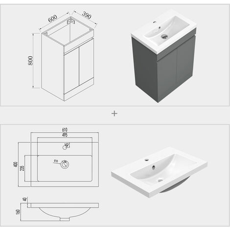 600mm Free Standing 2 Storge Doors Modern Bathroom Vanity Unit with Sink Basin,Matte Grey - Mid-edge Resin Basin