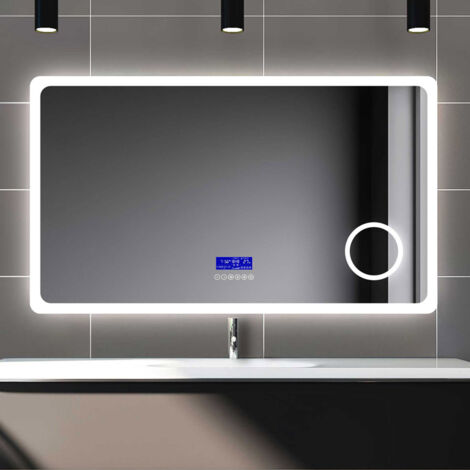 1000x600mm Backlit Illuminated Bluetooth Bathroom Mirror with Demister, Wall Mounted Multifunction LED Bathroom Vanity Mirror with 2 Colour Lights + 3-Fold Magnification