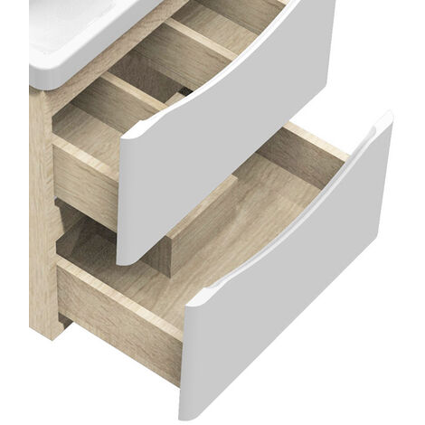 Acezanble 500mm Wall Hung Bathroom Sink Unit,Oak Body with 2 White Drawers