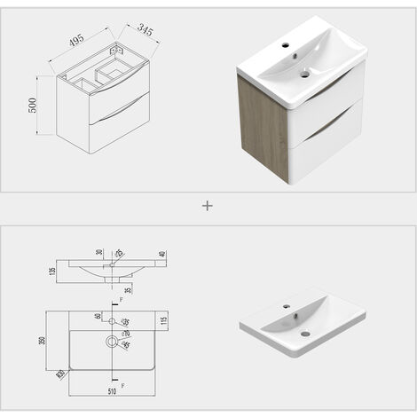 Acezanble 500mm Wall Hung Bathroom Sink Unit,Oak Body with 2 White Drawers