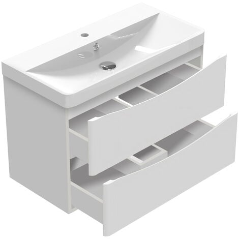 Acezanble 800mm Bathroom Vanity Unit Sink Wall Mounted Cabine 2 Drawers Gloss White
