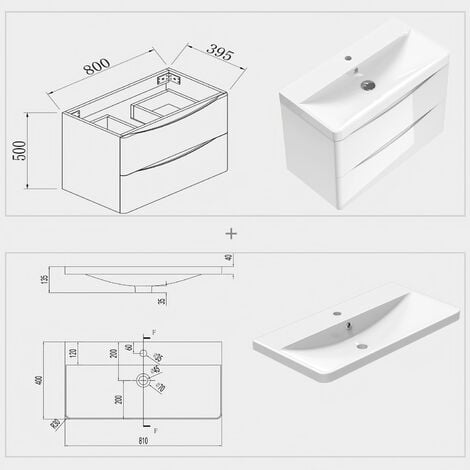 Acezanble 800mm Bathroom Vanity Unit Sink Wall Mounted Cabine 2 Drawers Gloss White