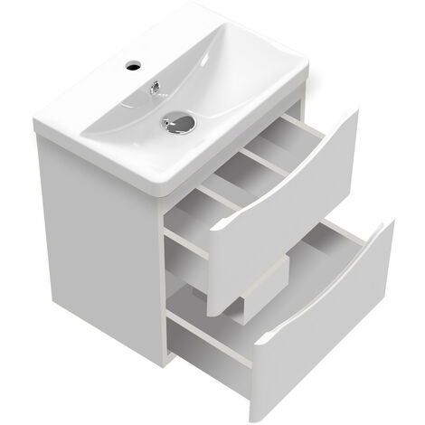 Acezanble 500mm Wall Hung Bathroom Cabinet Vanity Sink Unit with Basin,2 Drawers Gloss White