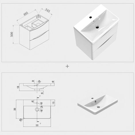 Acezanble 500mm Wall Hung Bathroom Cabinet Vanity Sink Unit with Basin,2 Drawers Gloss White