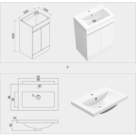 Acezanble Bathroom Vanity Unit & Basin Sink 600mm Floor Standing Door White