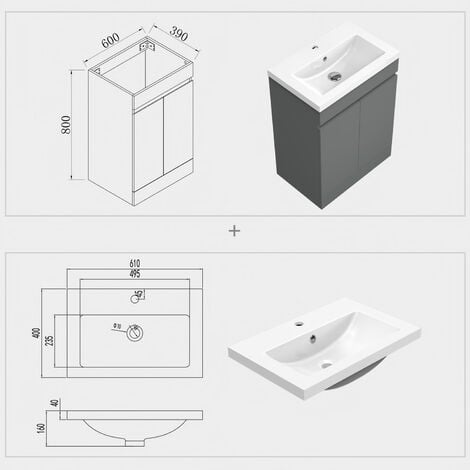 Acezanble Bathroom Vanity Unit & Basin Sink 600mm Floor Standing Door Grey
