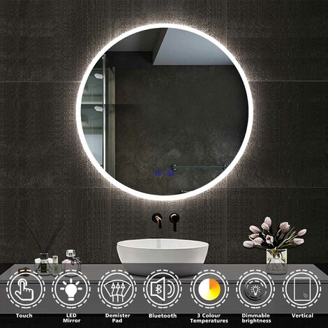 Acezanble Round LED Bathroom Mirrors with Bluetooth Speaker Adjustable Colors, Anti-Fog, 6500K Cool White Light + 4600K Warm White Light + 2700K Warm Light, 80cm