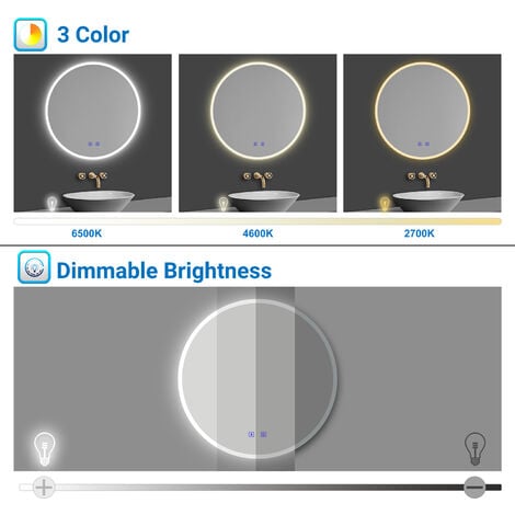 Acezanble Round LED Bathroom Mirrors with Bluetooth Speaker Adjustable Colors, Anti-Fog, 6500K Cool White Light + 4600K Warm White Light + 2700K Warm Light, 80cm