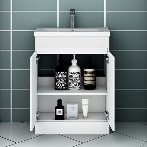Acezanble 500mm Bathroom Vanity Units with Basin Matte White Free-Standing with Two Doors Storage Unit Ceramic Sink