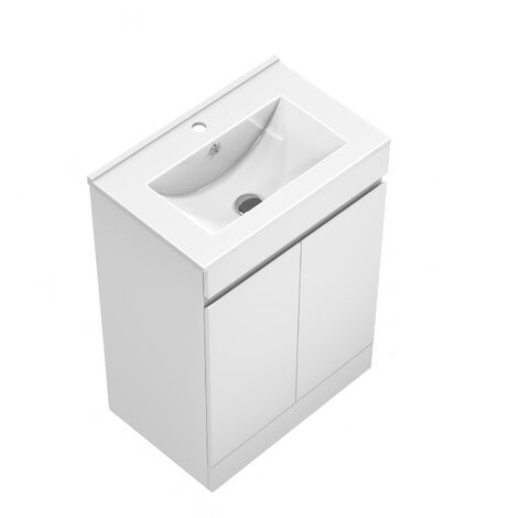 Acezanble 600mm Bathroom Vanity Units with Basin Matte White Free-Standing with Two Doors Storage Unit Ceramic Sink