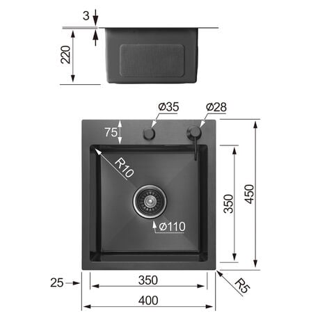 Lavello Cucina 1 Vasca 40 × 45 cm, CECIPA Lavandino Cucina Almeno 40 cm dal Fondo dell'Armadio, Raccordi di Scarico e Troppopieno, Antracite(Dispenser di Sapone Non Incluso)