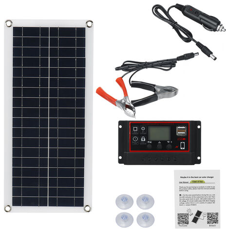 Panneau solaire 12V 30W + controleur 10A double USB flexible polycristallin  avec clip de chargement d'urgence portable pour véhicules et navires Jmax