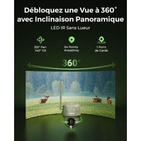 Reolink 4K 8MP 4G LTE Caméra Surveillance sur Batterie Exterieur, 360° Vue, Pan&Tilt, Détection de l'animal, Vision nocturne sans reflet, Audio Bidirectionnel, Carte SD 32 Go, Go Ranger PT+Panneau Sol