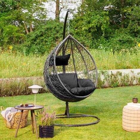 HOME DELUXE - Polyrattan Hängesessel mit Gestell CIELO Farbe: Schwarz, Ausstattung: inkl. Regenabdeckung Poly Rattan Hängesessel Hängekorb