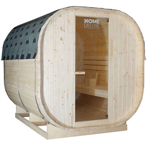 HOME DELUXE - Outdoor Sauna CUBE XL - Maße: ca. 185 cm x 195 cm x 220 cm, Holz: Fichtenholz - inkl. Saunaofen und Saunazubehör I Gartensauna, Außensauna, Sauna Fass für 6 Personen Sauna Outdoor-Sauna