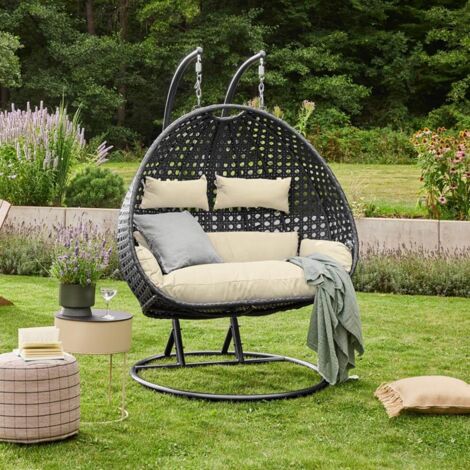HOME DELUXE - Polyrattan Hängesessel mit Regenabdeckung TWIN DELUXE - Schwarz/Creme  Poly Rattan Hängesessel Hängekorb