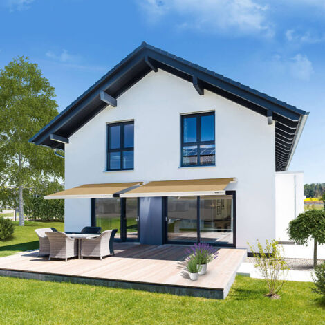 HOME DELUXE - LED Vollkassettenmarkise elektrisch ELOS Farbe: Sandfarben,  Gre: 350 x 250 cm Markise Vollkassettenmarkise Terrassenberdachung  Gelenkarmmarkise