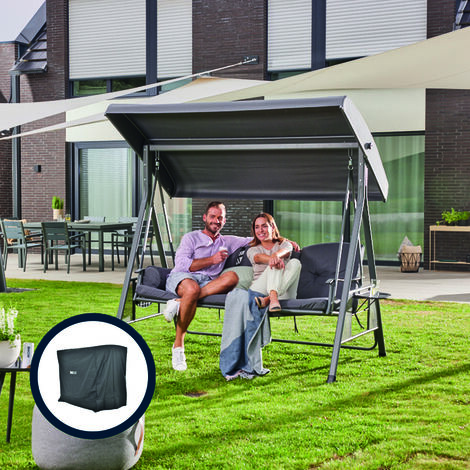 HOME DELUXE - Hollywoodschaukel DESCANSO Grau mit Abdeckung - 3-Sitzer, B/H/L 115cm x 195cm x 198cm, inkl. Getränkehalter, Sitz- und Rückenkissen I Gartenliege Gartenlounge Schaukelliege  Gartenschauk