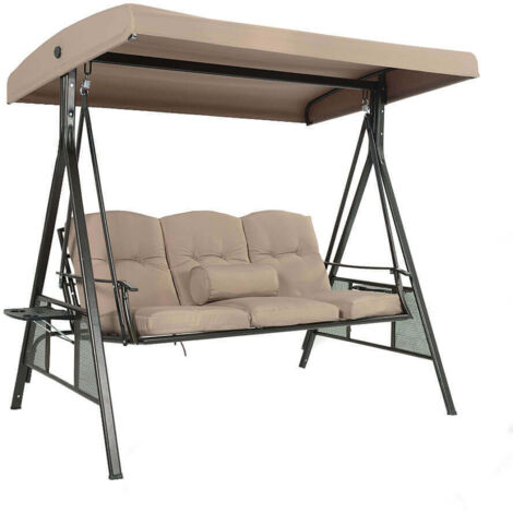 HOME DELUXE - Hollywoodschaukel DESCANSO Beige mit Abdeckung - 3-Sitzer, B/H/L 115cm x 195cm x 198cm, inkl. Getränkehalter, Sitz- und Rückenkissen I Gartenliege Gartenlounge Schaukelliege  Gartenschau