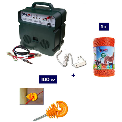 Kit completo per recinto elettrico con Elettrificatore 12 V / 220 V a doppia alimentazione + Filo 500 MT 4 Mm² + 100 pezzi isolatori per pali in legno - Recinzione Elettrica per animali