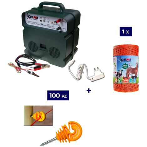 Kit completo per recinto elettrico con 1 x Elettrificatore B12 a doppia alimentazione 12 V / 220 V + 1 x Filo 250 MT 2.2 Mm² + 100 pezzi isolatori per paletti in legno - Recinzione Elettrica per anima