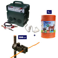 Kit completo per recinto elettrico con 1 x Elettrificatore B12 a doppia alimentazione 12 V / 220 V + 1 x Filo 1000 MT 4 Mm² + 200 pezzi isolatori per paletti in ferro - Recinzione Elettrica per animal