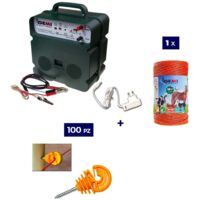 Kit completo per recinto elettrico con 1 x Elettrificatore B12 a doppia alimentazione 12 V / 220 V + 1 x Filo 250 MT 2.2 Mm² + 100 pezzi isolatori per paletti in legno - Recinzione Elettrica per anima