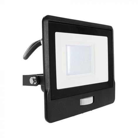 V-TAC Faro LED Chip Samsung 30W con Sensore PIR Cavo 1m Colore Nero Bianco Freddo IP65
