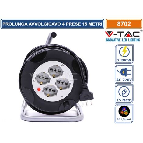 V-TAC Prolunga elettrica avvolgicavo 15M - 4 posti bipasso/schuko 10/16A presa tedesca con spina standard italiano protezione elettrica - sku 8702 (1/5)
