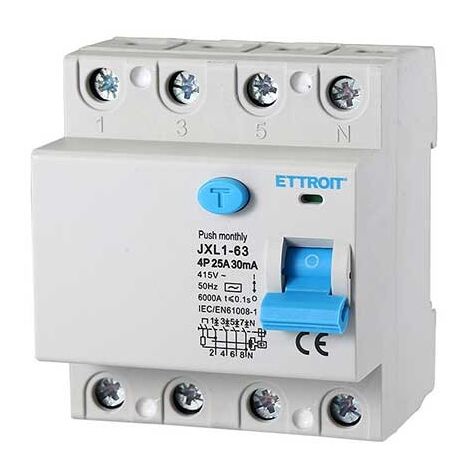 ETTROIT Interruttore Differenziale Puro 4P 25A 6kA 30mA 380V Salvavita 4 Moduli DIN JX342561 (1/3)
