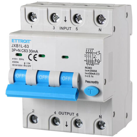 Interruttore magnetotermico differenziale 3P+N, 4 moduli, 415Vac, 63A, 30mA, 4,5KA - Ettroit JXB1L-63-3PN-63A-4.5KA