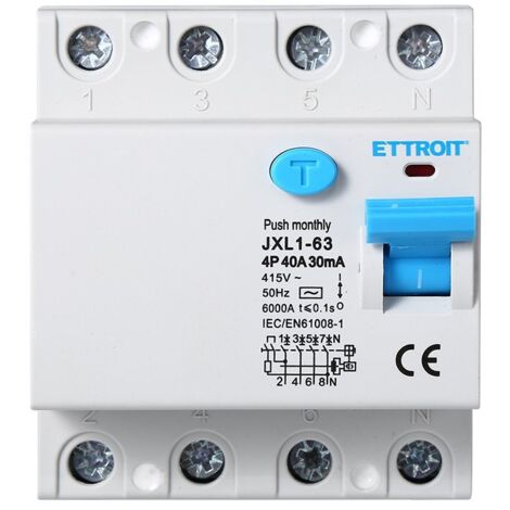 ETTROIT Interruttore Differenziale Puro 4P 40A 6kA 30mA 380V Salvavita 4 Moduli DIN JX344061 (1/6)