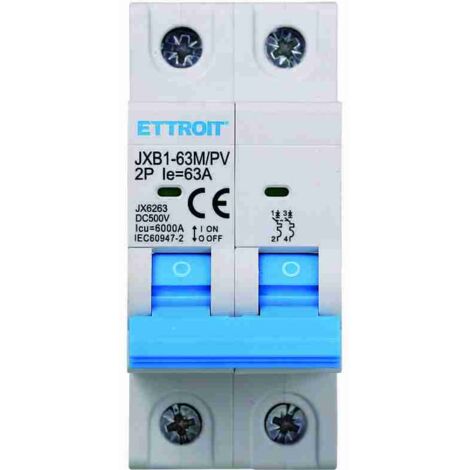 Interruttore Magnetotermico Fotovoltaico 2P DC 500V 63A 6kA Occupa 2 Moduli DIN Ettroit JX6263