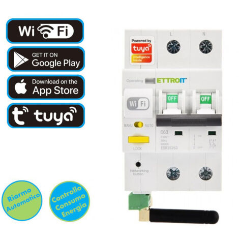 ETTROIT e-smart Interruttore Magnetotermico 63A contatore energia 2P Tuya SmartWiFi - ESR3S263