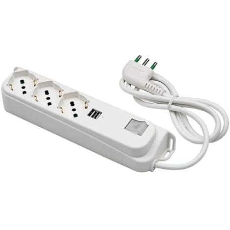 FANTON Multipresa OMEGA 3 prese bipasso schuko 16A+ 2 prese USB-A 5V 2,1A cavo 1,5 m. spina a squadra italiana 16A 47450