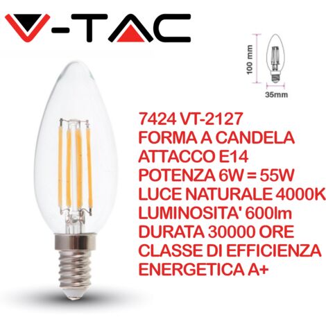 V-TAC VT-2127 lampadina led filamento candela e14 6W bianco naturale 4000K - SKU 7424