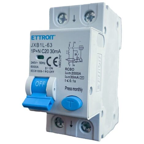ETTROIT Interruttore Magnetotermico Differenziale 1P+N 20A 30mA 220V 6KA JX272061