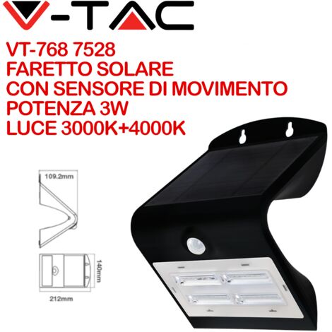 V-Tac VT-768 Lampada da Muro LED 3W Bianca o Nera con Pannello Solare e Sensore Crepuscolare e Movimento -SKU 7523- SKU 7528 Nero - Bianco Caldo