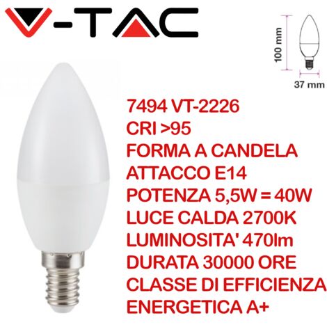 V-TAC VT-2226 Lampadina led smd 5.5W E14 candela CRI 95 bianco caldo 2700K - SKU 7494
