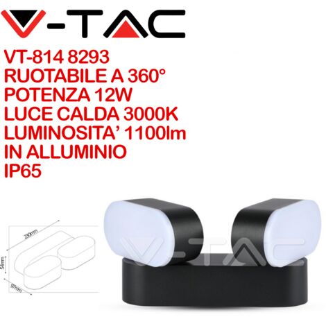 V-TAC VT-814 Lampada LED 12W da parete nero teste ruotabili wall light bianco caldo 3000K IP65 - SKU 8293