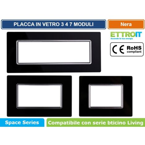 Ettroit placca compatibile Bticino Livinglight 3 moduli vetro colore nero - LN84302