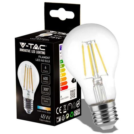 V-TAC Lampadina LED Attacco E27 da 6W A60 Filamento Bianco Caldo