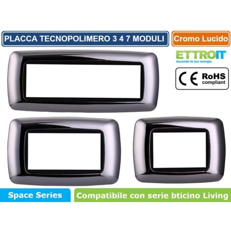Placca bombata serie Space, 4 moduli, plastica, cromato, compatibile con serie BTicino Living - Ettroit LN88413